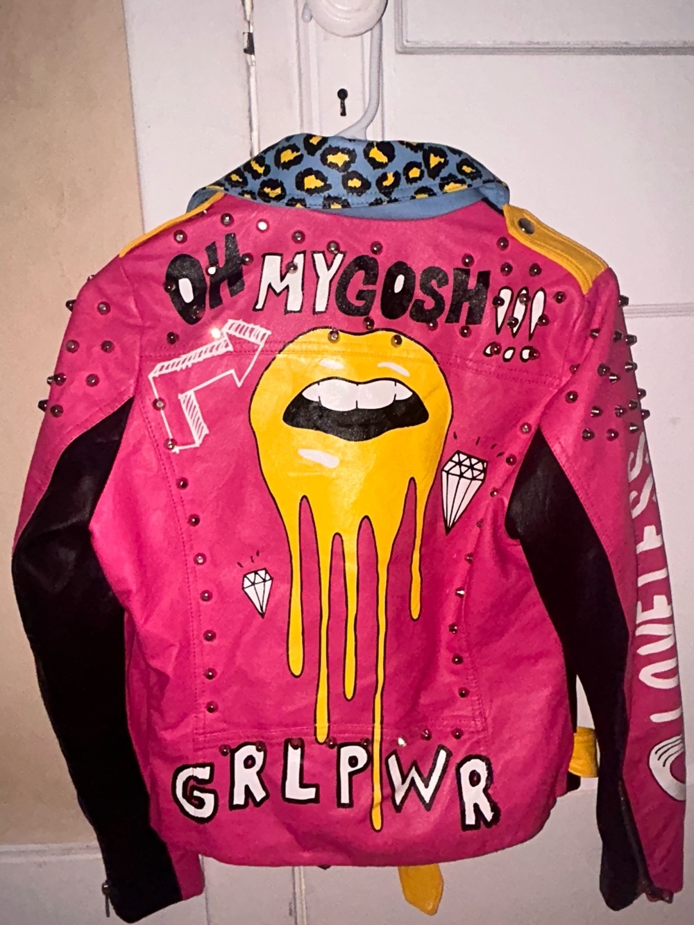 Pink Graphic Moto Leather Jacket - Girls' Statement Coat